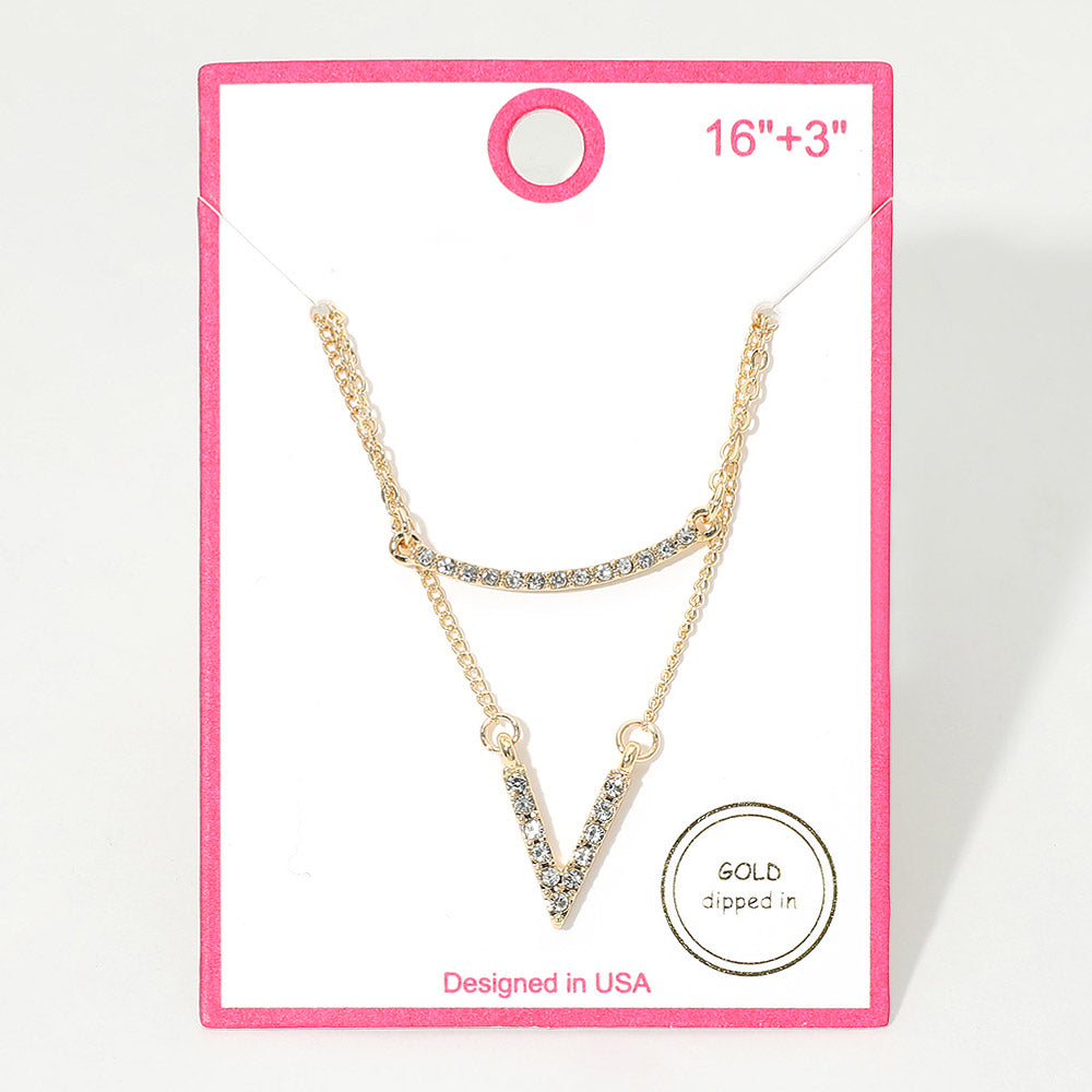 Gold Dipped Rhinestone Pave V Bar Pendant Layered Necklace