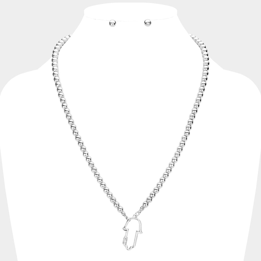 Rhinestone Embellished Hamsa Hand Pendant Necklace