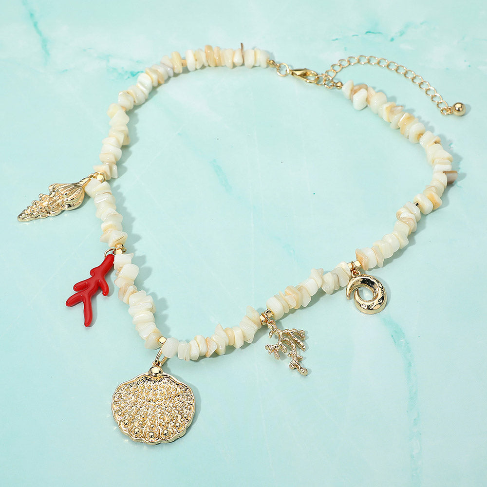 Seashell Coral Charm Natural Stone Beaded Statement Necklace