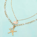 Textured Metal Starfish Pearl Shell Charm Layered Necklace