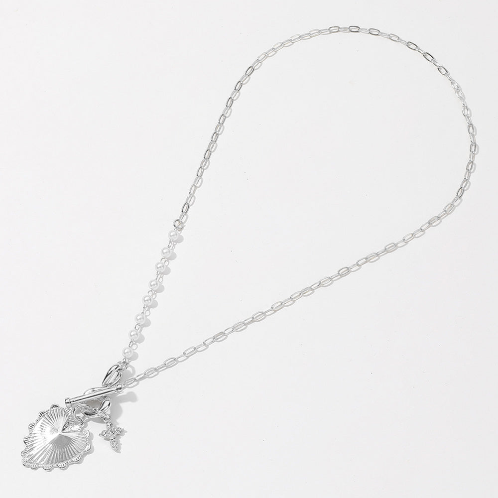 SECRET BOX_Sterling Silver Dipped Heart Stone Paved Cross Charm Half Pearl Chain Toggle Necklace