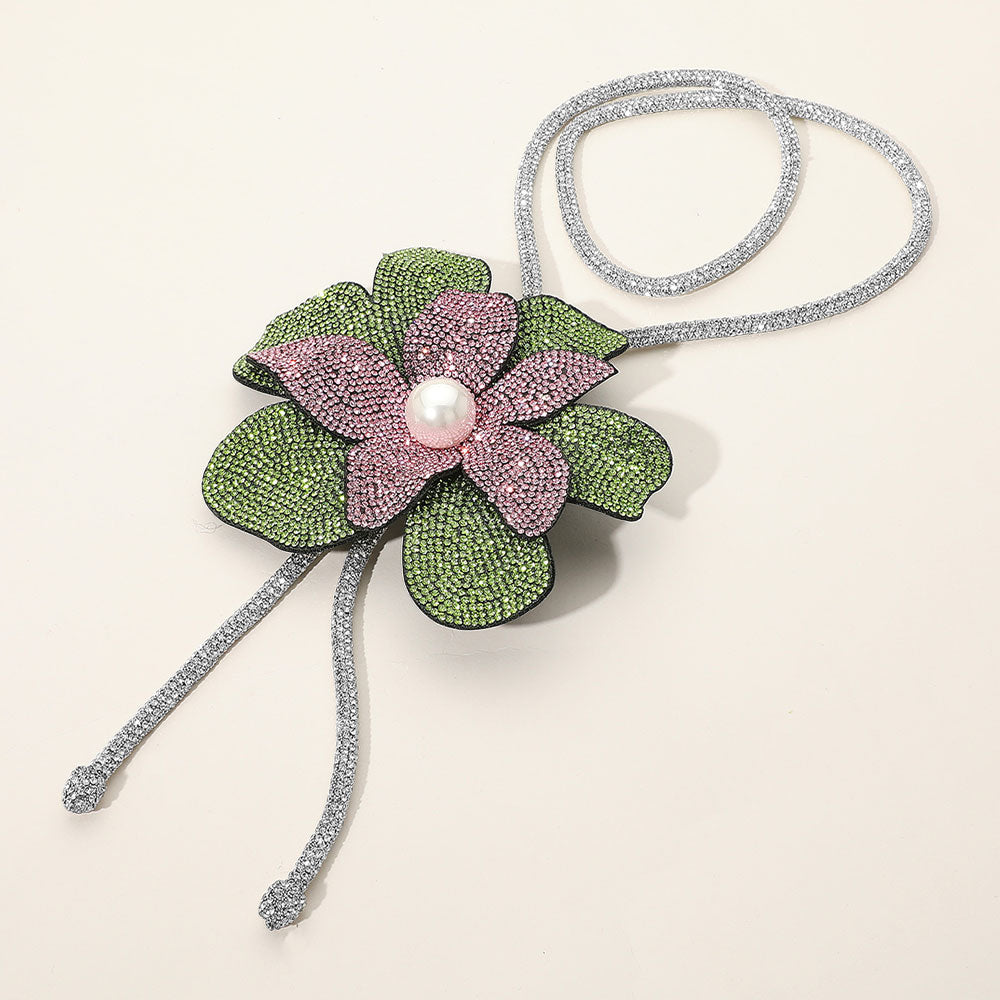 Pearl Centered Bling Studded Flower Pointed Bolo Tie Necklace