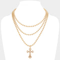 SECRET BOX_Stone Pointed Cross Pendant Bubble Chain Triple Layered Necklace