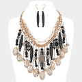 Wooden Stone Embellished Cylinder Textured Metal Oval Tip Station Collar Statement Necklace
