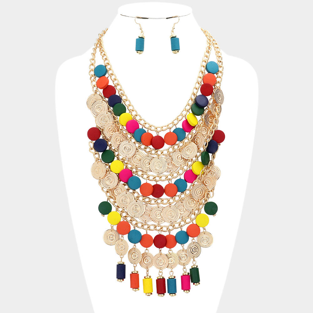 Rainbow Round Wood Metal Disc Cluster Statement Necklace