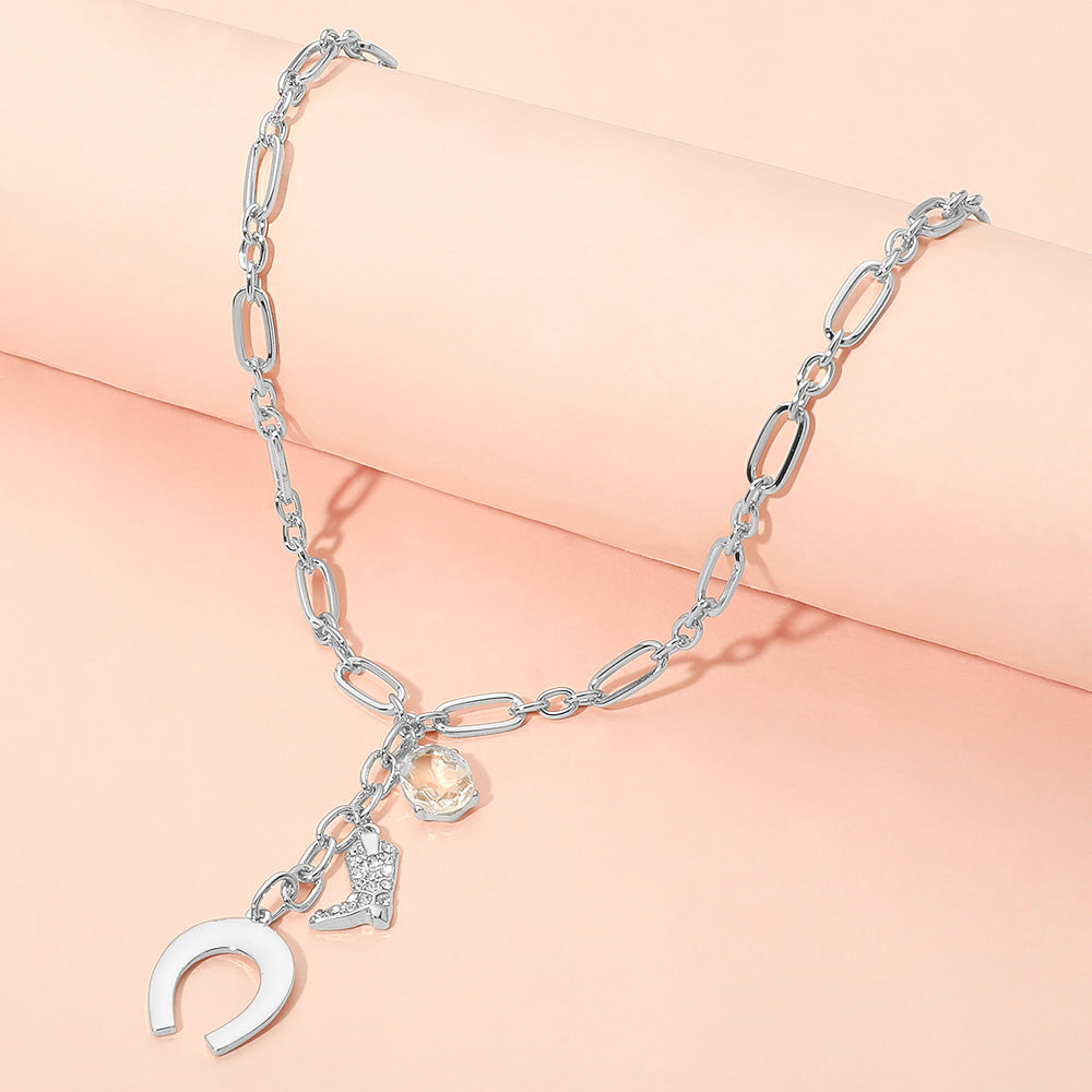 Horseshoe Cowboy Boot Pearl Charm Drop Paperclip Chain Necklace