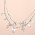Bow Heart Floral Cross Pearl Crescent Coin Charm Station Layered Necklace