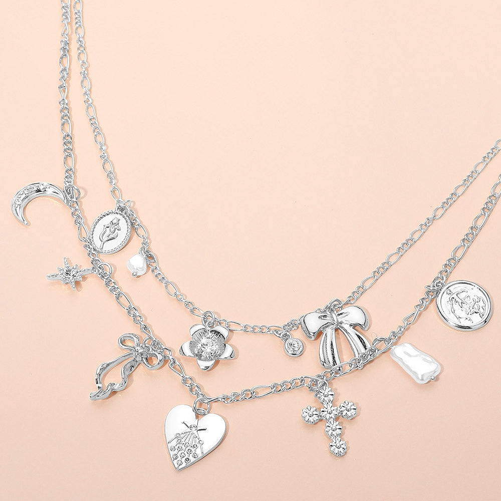 Bow Heart Floral Cross Pearl Crescent Coin Charm Station Layered Necklace