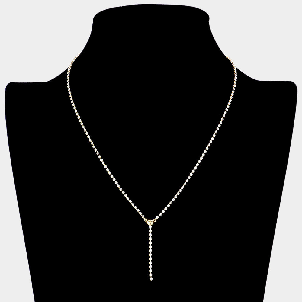 Brass Metal Dainty Rhinestone Chain Heart Pendant Necklace