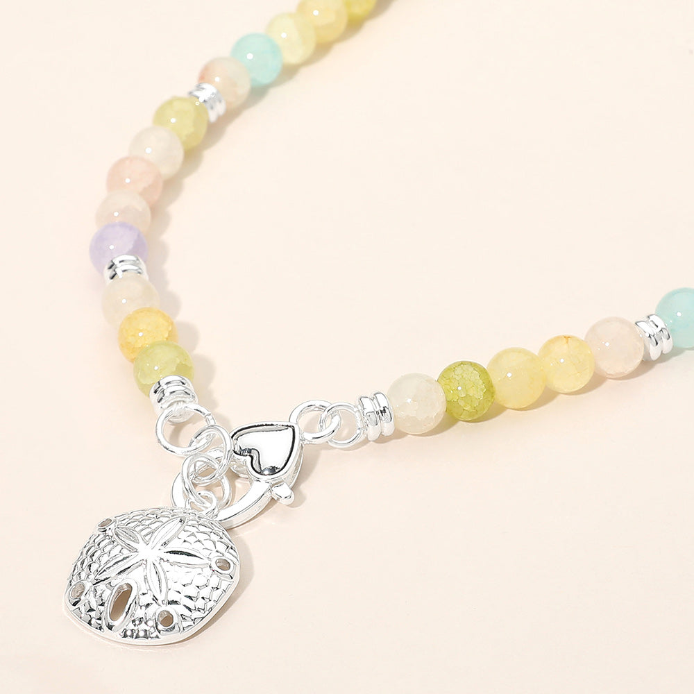 Textured Metal Sand Dollar Charm Pendant Beaded Necklace