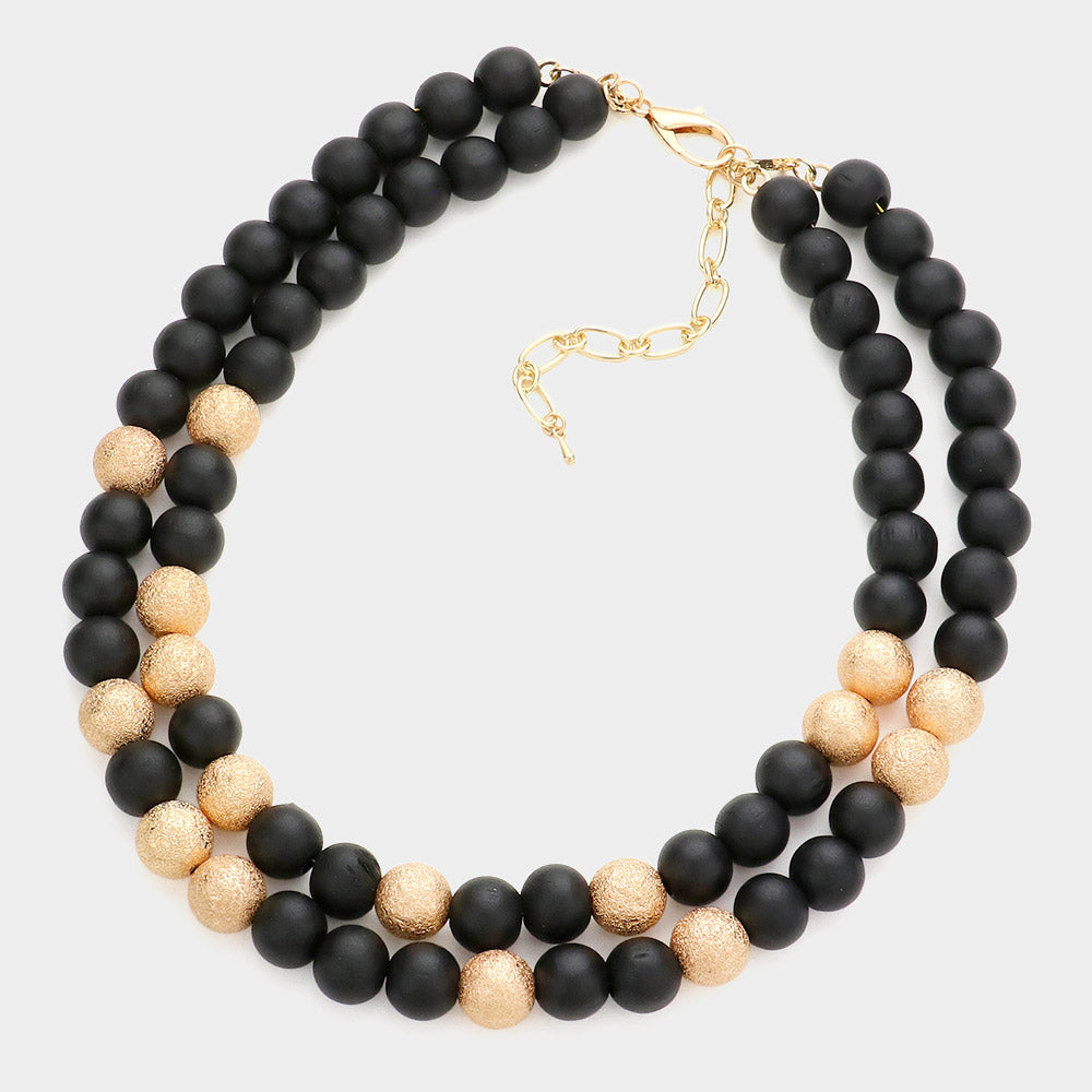 Mardi Gras Brass Metal Wood Ball Double Layered Necklace