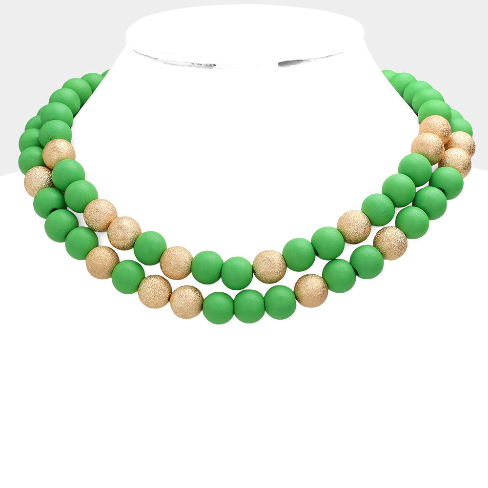 Mardi Gras Brass Metal Wood Ball Double Layered Necklace