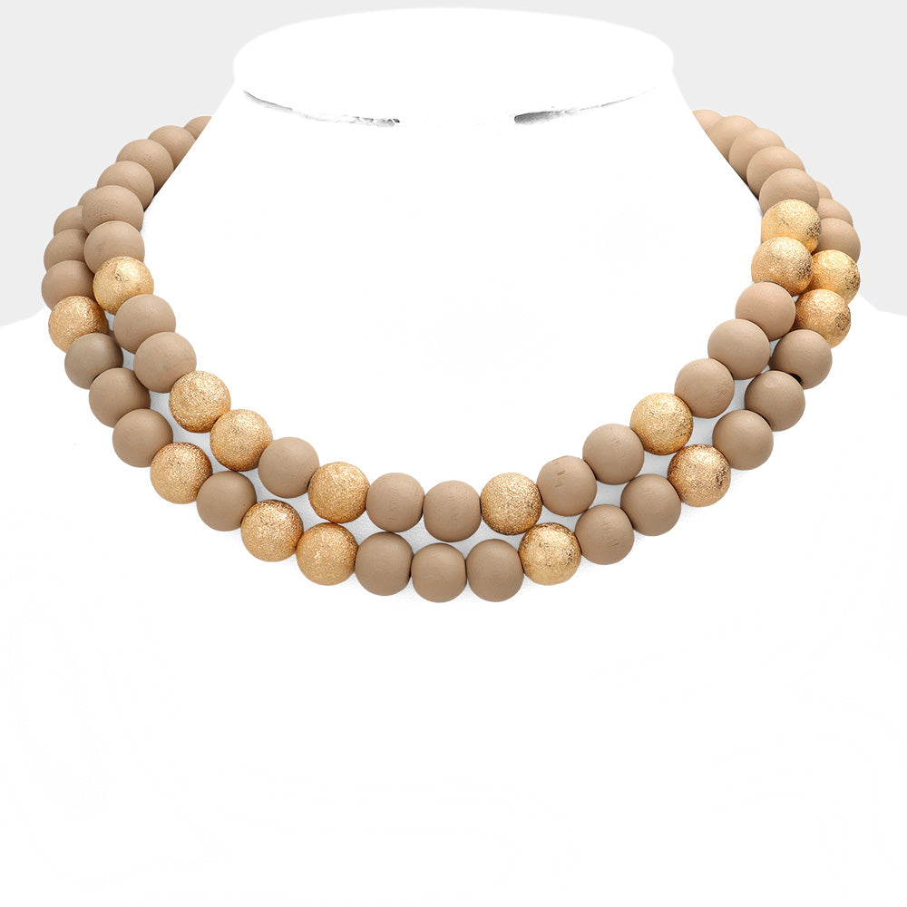 Mardi Gras Brass Metal Wood Ball Double Layered Necklace