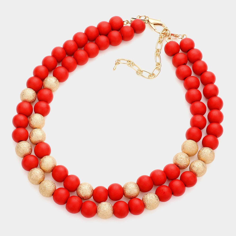 Mardi Gras Brass Metal Wood Ball Double Layered Necklace