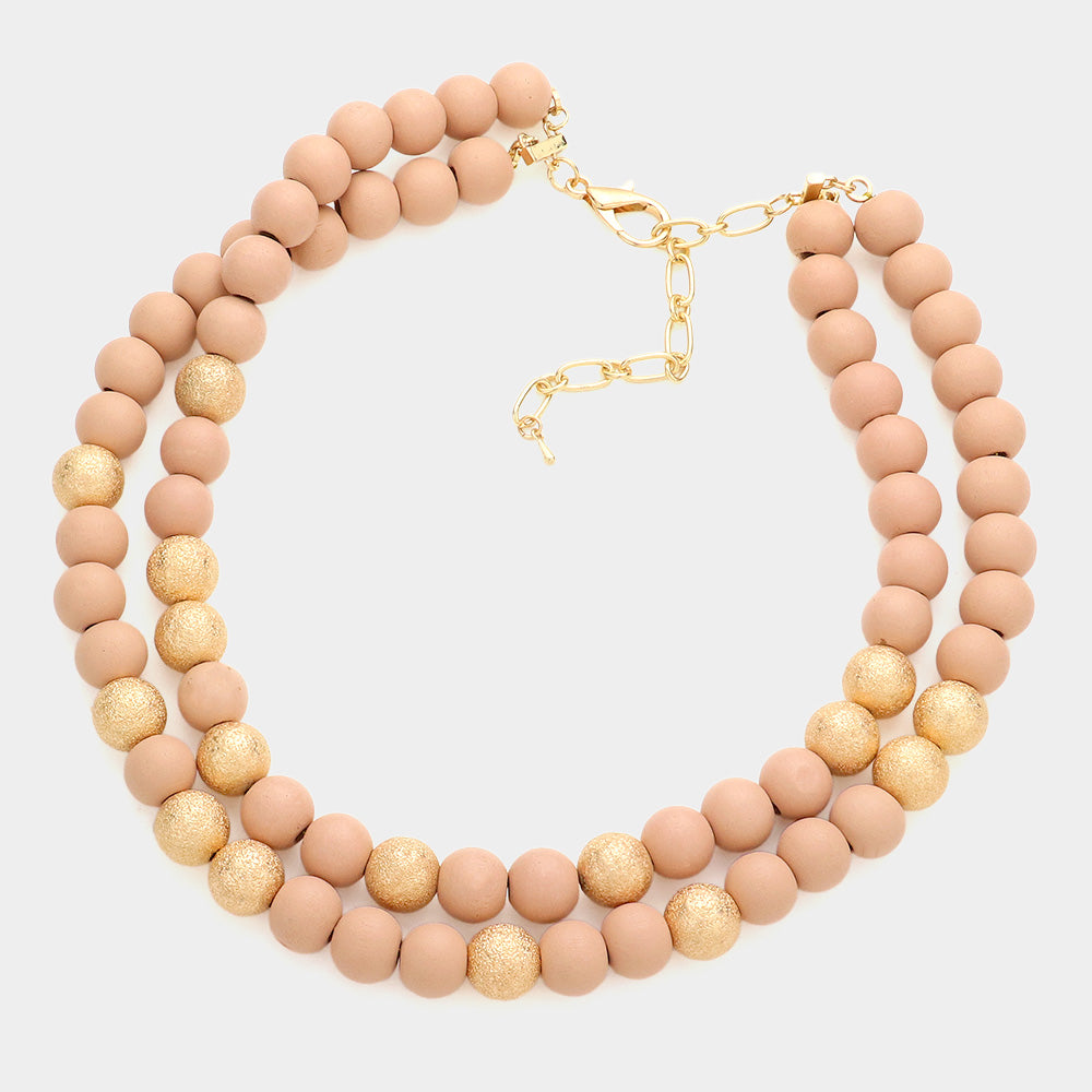Mardi Gras Brass Metal Wood Ball Double Layered Necklace