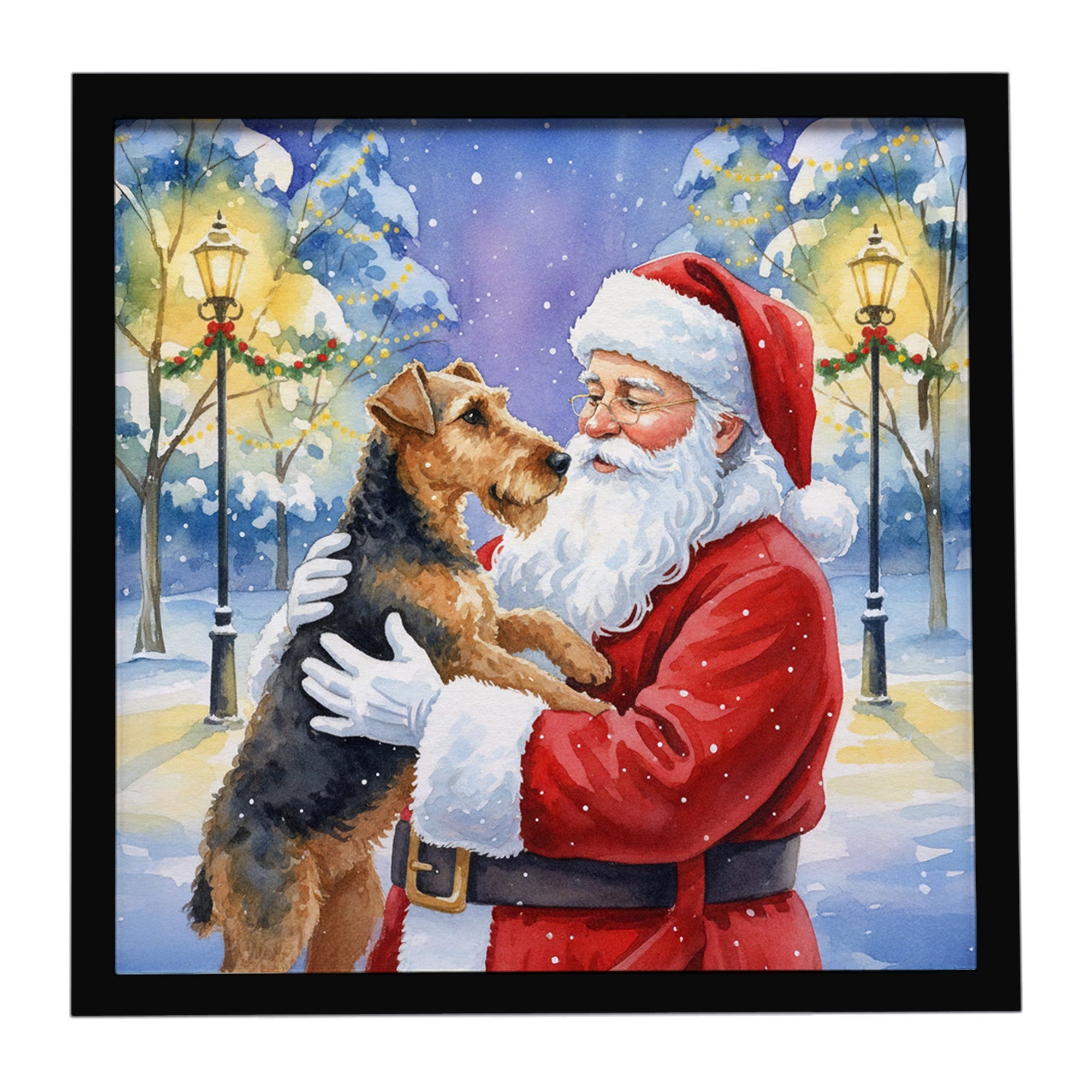 Airedale Terrier with Santa Claus Framed Metal Print Bathroom, Kitchen, Office, Home Decor Wall Art Ready to Hang, Square, 8X8