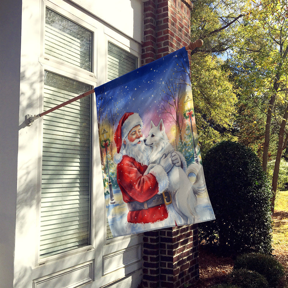 American Eskimo with Santa Claus House Flag 28x40 Porch Sleeve Pole Decorative Outside Yard Banner Artwork Wall Hanging, Polyester