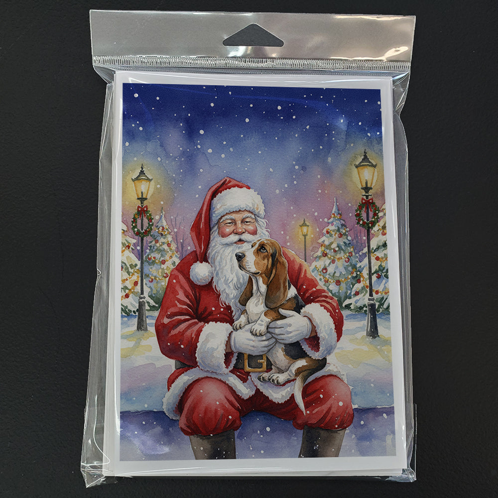 Basset Hound with Santa Claus Greeting Cards Pack of 8 Blank Cards with Envelopes Whimsical A7 Size 5x7