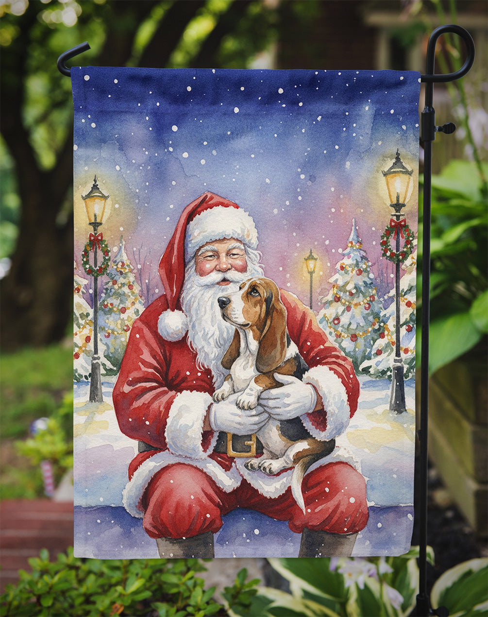 Basset Hound with Santa Claus Garden Flag Mailbox Decorative Yard Banner Outside Patio Artwork for Flower Beds, Garden Size, Multicolor