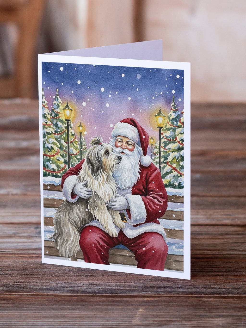 Bearded Collie with Santa Claus Greeting Cards Pack of 8 Blank Cards with Envelopes Whimsical A7 Size 5x7