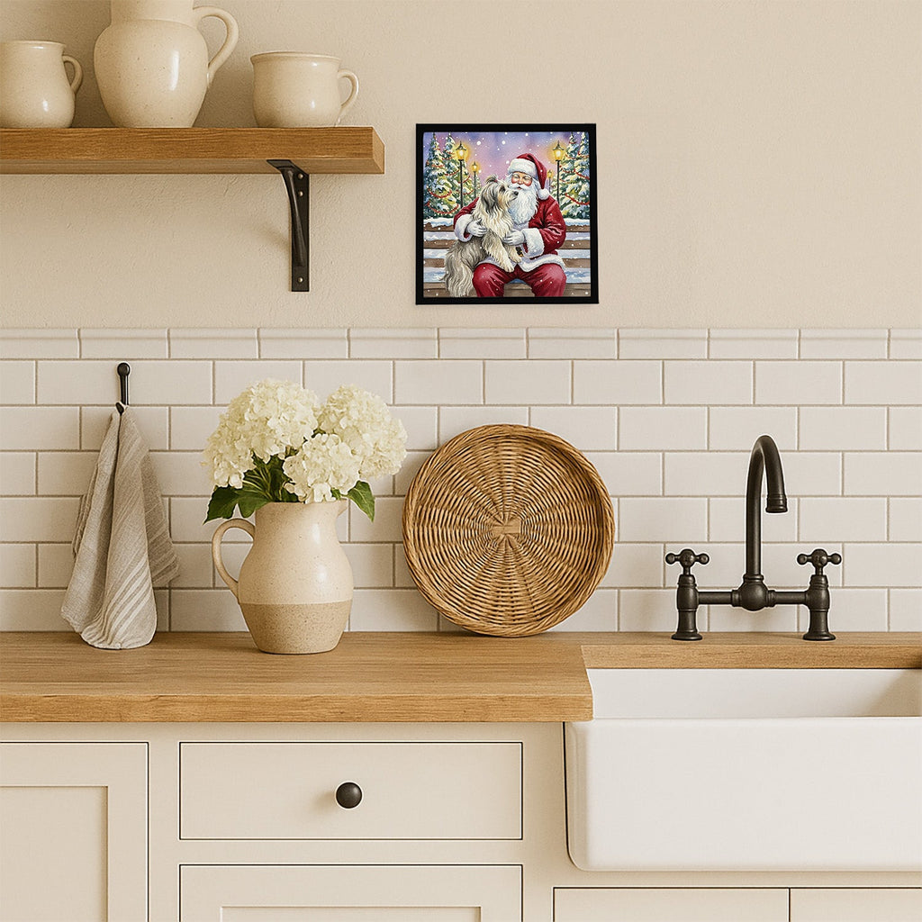 Bearded Collie with Santa Claus Framed Metal Print Bathroom, Kitchen, Office, Home Decor Wall Art Ready to Hang, Square, 8X8