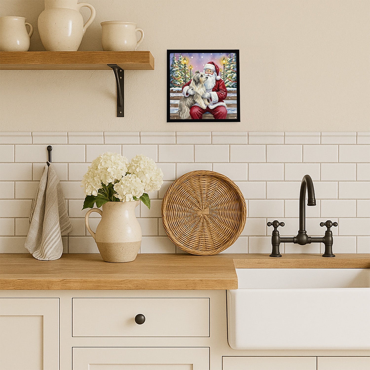 Bearded Collie with Santa Claus Framed Metal Print Bathroom, Kitchen, Office, Home Decor Wall Art Ready to Hang, Square, 8X8