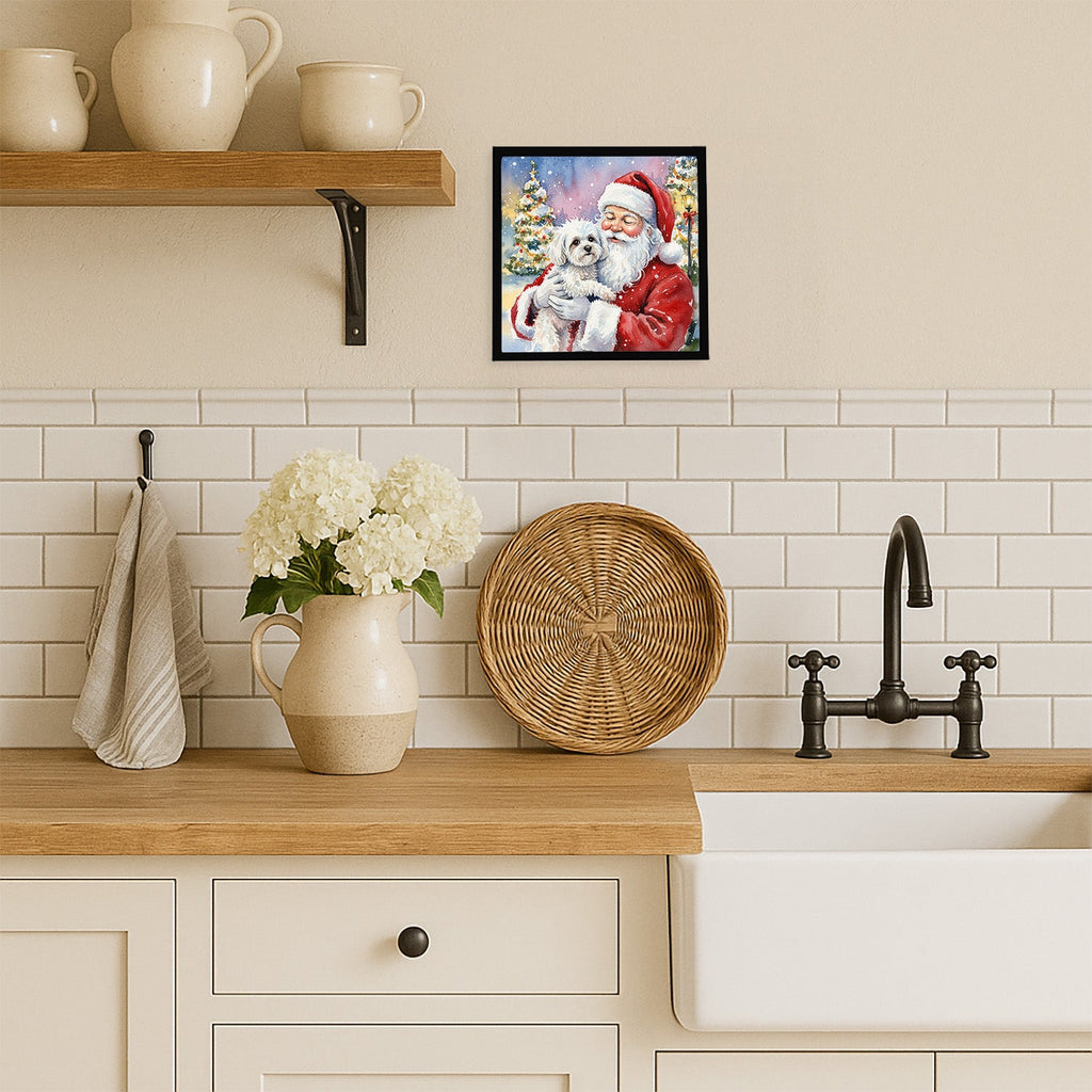 Bichon Frise with Santa Claus Framed Metal Print Bathroom, Kitchen, Office, Home Decor Wall Art Ready to Hang, Square, 8X8