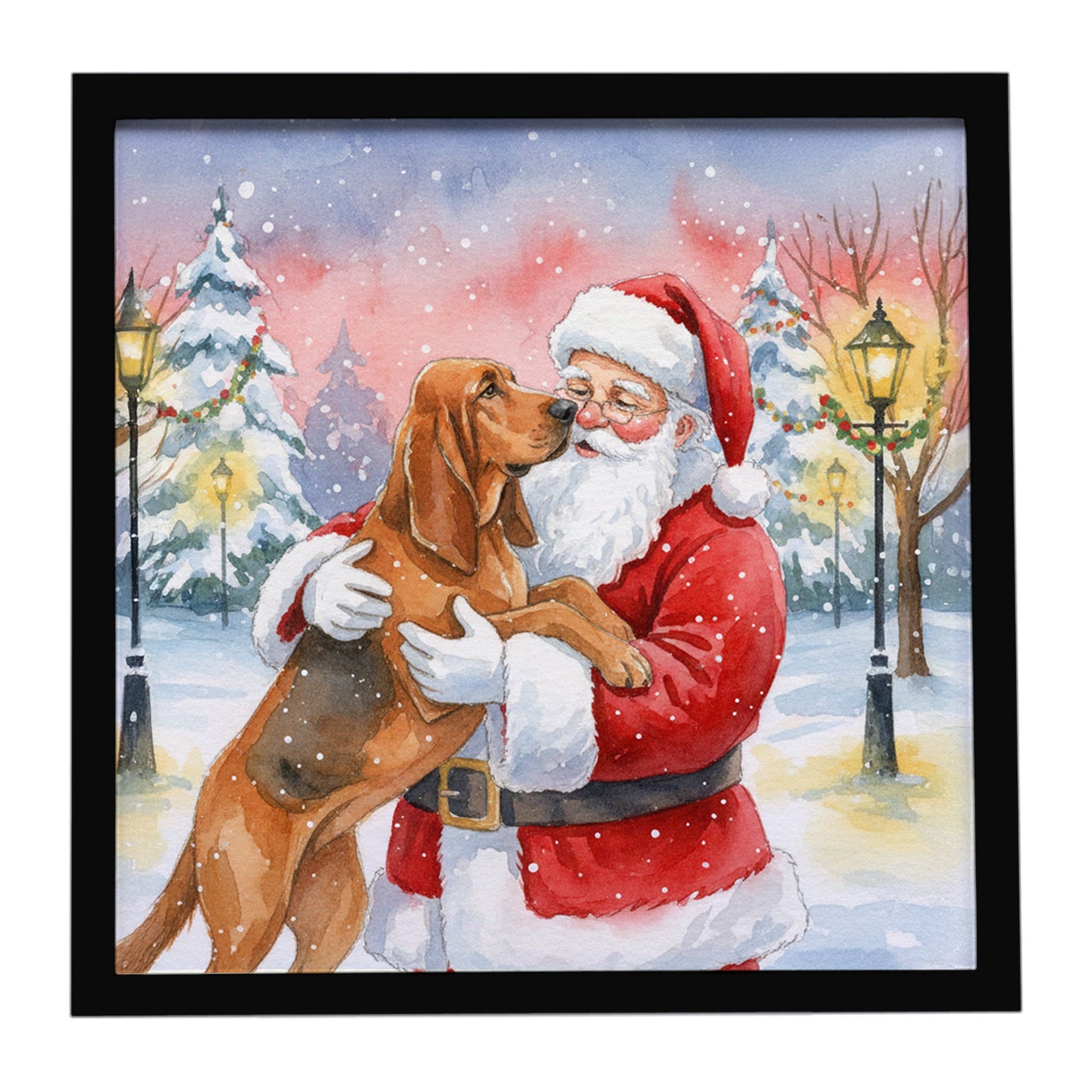 Bloodhound with Santa Claus Framed Metal Print Bathroom, Kitchen, Office, Home Decor Wall Art Ready to Hang, Square, 8X8