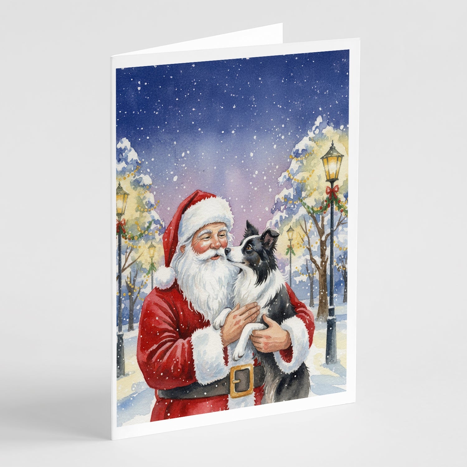 Border Collie with Santa Claus Greeting Cards Pack of 8 Blank Cards with Envelopes Whimsical A7 Size 5x7