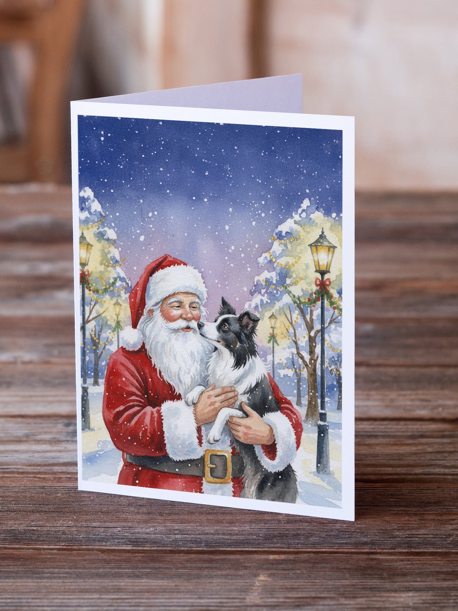Border Collie with Santa Claus Greeting Cards Pack of 8 Blank Cards with Envelopes Whimsical A7 Size 5x7
