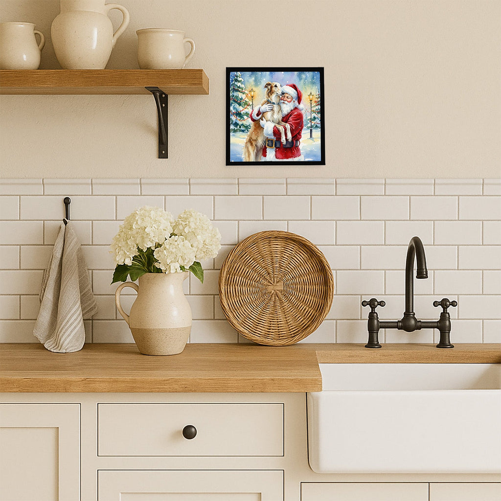 Borzoi/ with Santa Claus Framed Metal Print Bathroom, Kitchen, Office, Home Decor Wall Art Ready to Hang, Square, 8X8