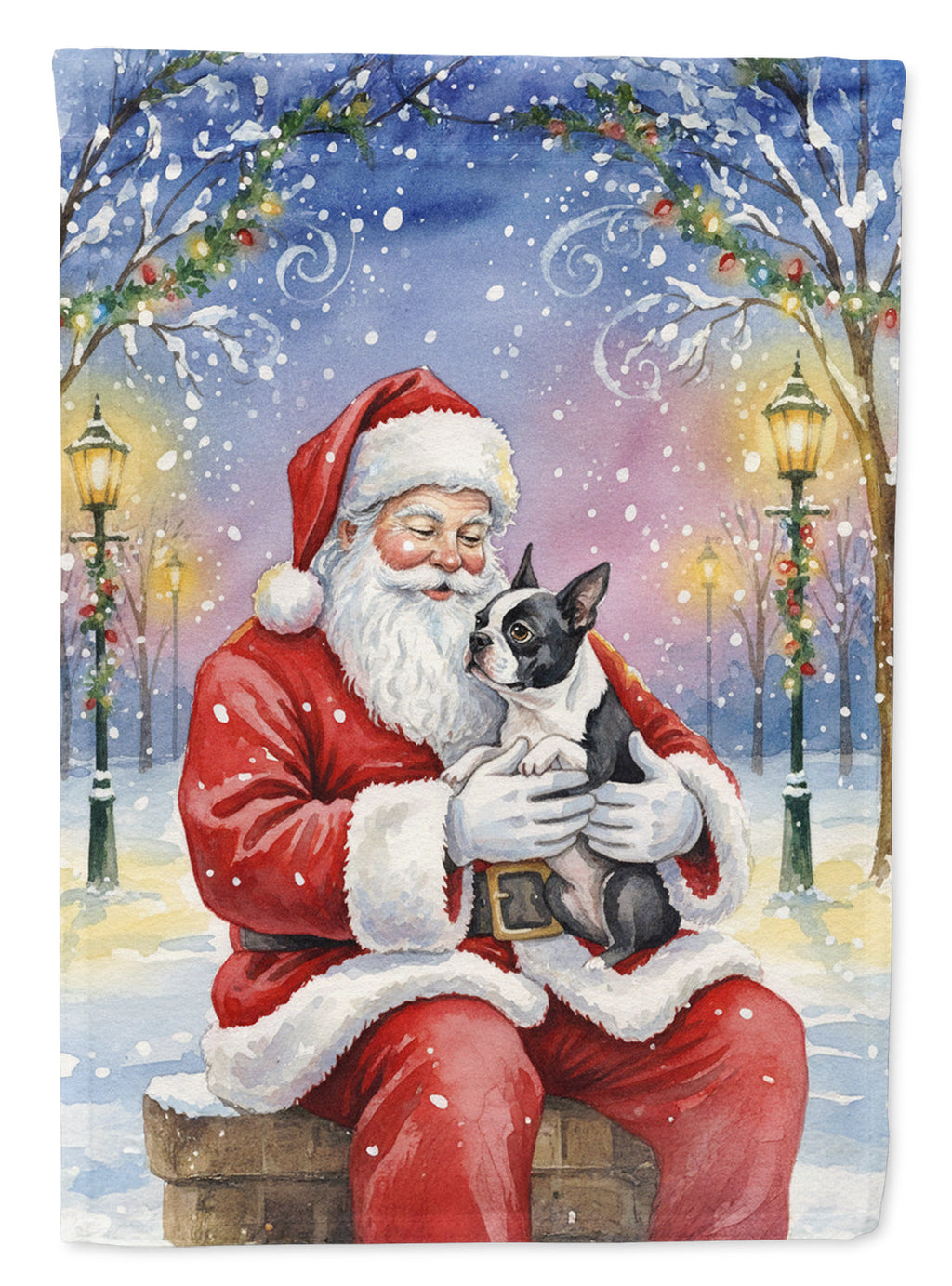 Boston Terrier with Santa Claus House Flag 28x40 Porch Sleeve Pole Decorative Outside Yard Banner Artwork Wall Hanging, Polyester