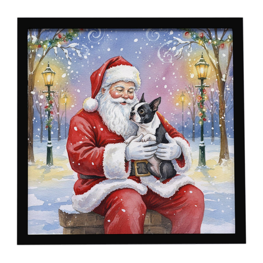 Boston Terrier with Santa Claus Framed Metal Print Bathroom, Kitchen, Office, Home Decor Wall Art Ready to Hang, Square, 8X8