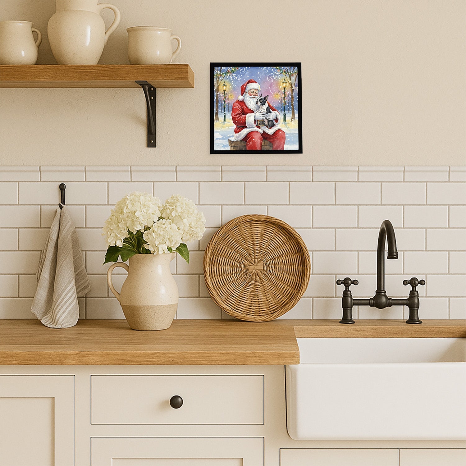 Boston Terrier with Santa Claus Framed Metal Print Bathroom, Kitchen, Office, Home Decor Wall Art Ready to Hang, Square, 8X8