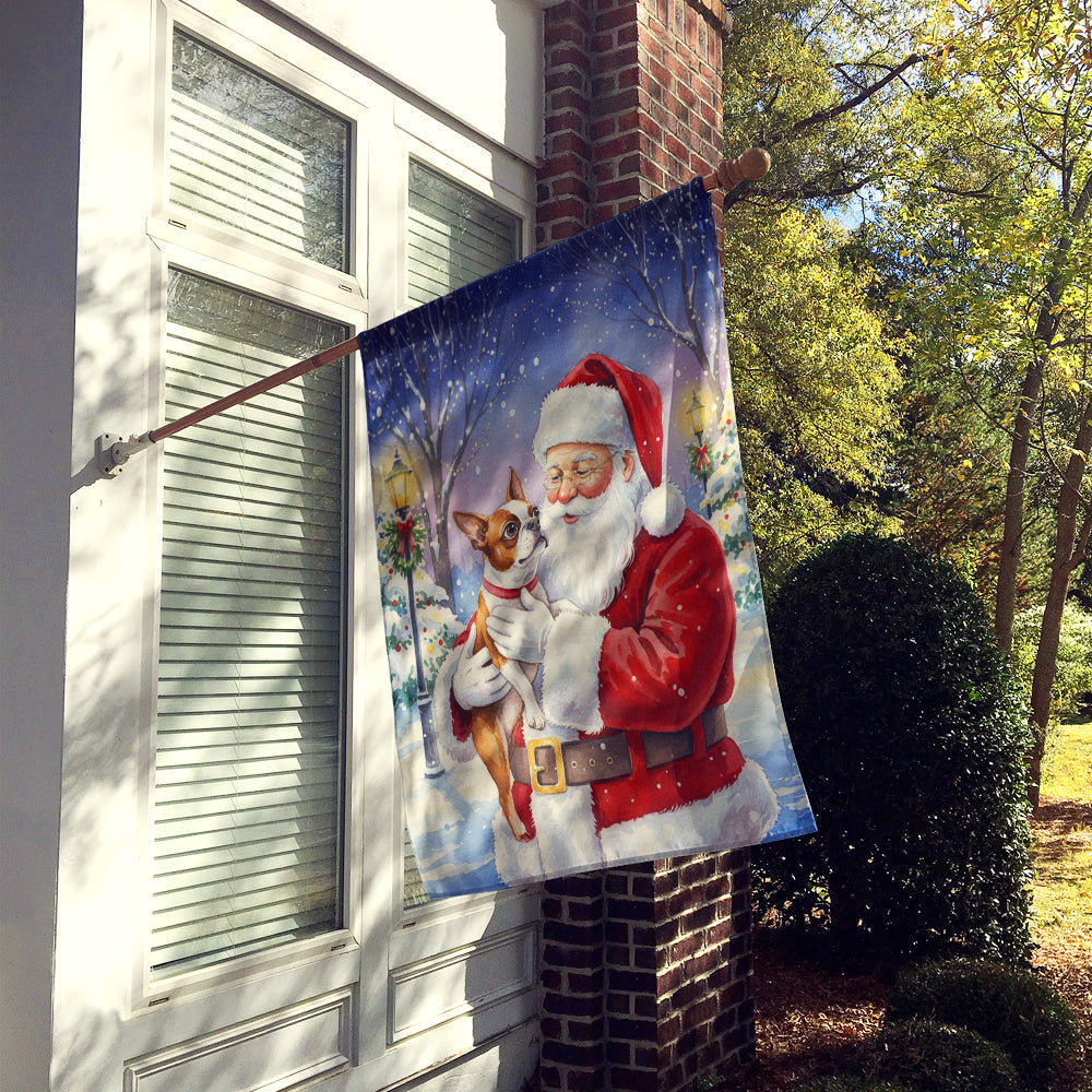 Red Boston Terrier with Santa Claus House Flag 28x40 Porch Sleeve Pole Decorative Outside Yard Banner Artwork Wall Hanging, Polyester