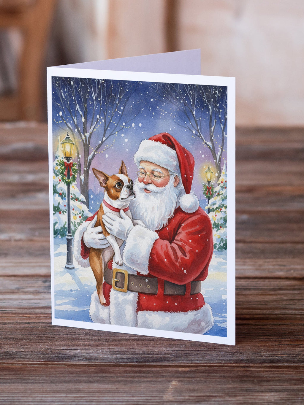 Red Boston Terrier with Santa Claus Greeting Cards Pack of 8 Blank Cards with Envelopes Whimsical A7 Size 5x7