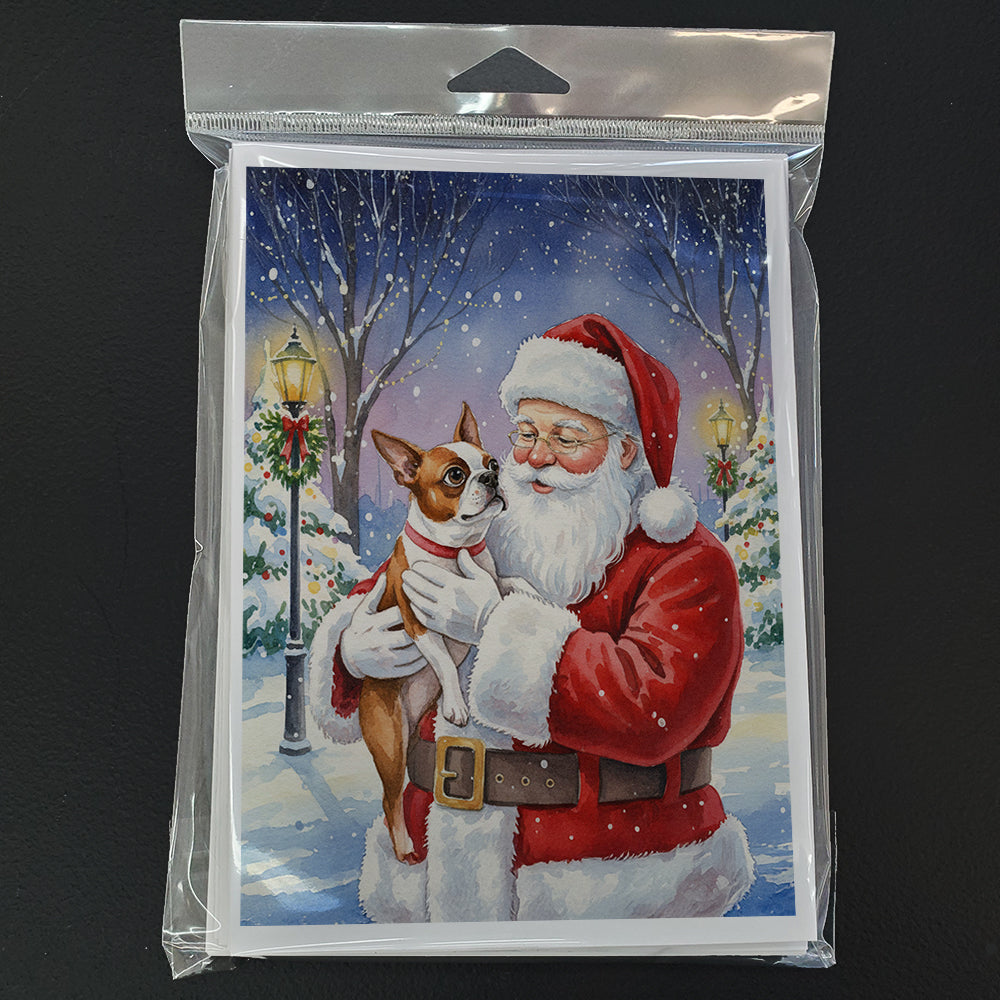 Red Boston Terrier with Santa Claus Greeting Cards Pack of 8 Blank Cards with Envelopes Whimsical A7 Size 5x7