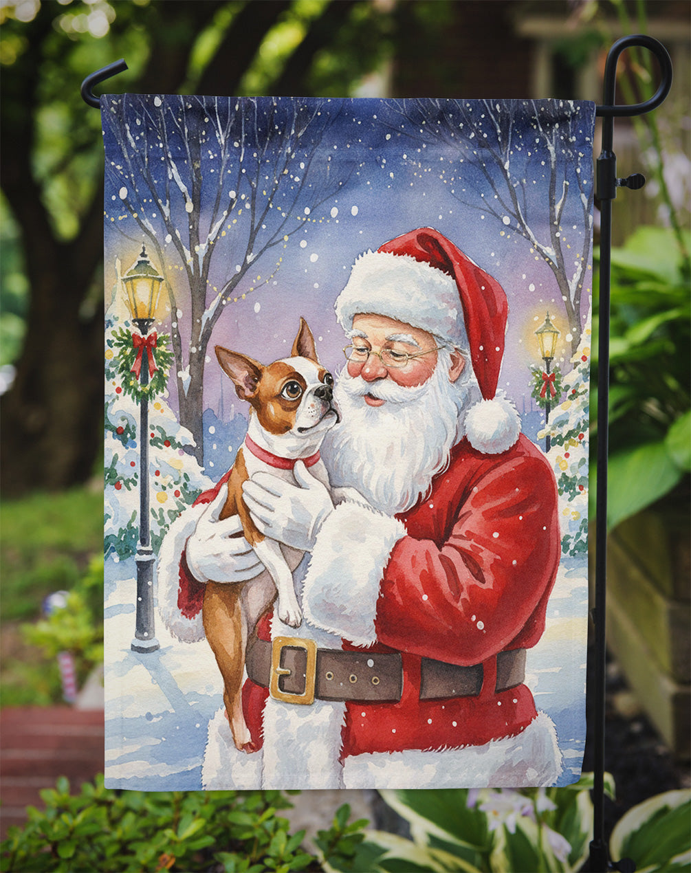 Red Boston Terrier with Santa Claus Garden Flag Mailbox Decorative Yard Banner Outside Patio Artwork for Flower Beds, Garden Size, Multicolor