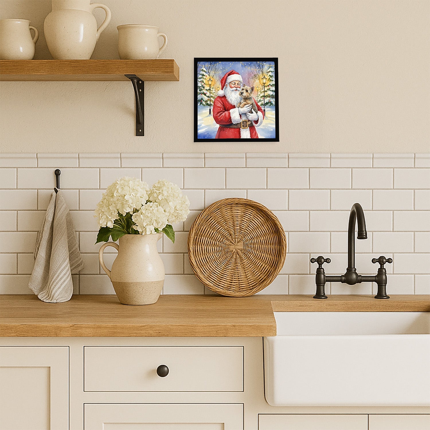 Cairn Terrier with Santa Claus Framed Metal Print Bathroom, Kitchen, Office, Home Decor Wall Art Ready to Hang, Square, 8X8