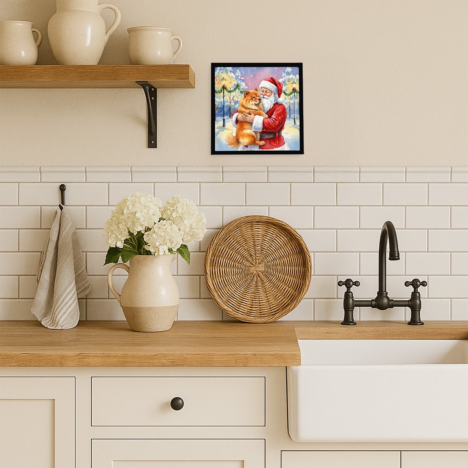 Chow Chow with Santa Claus Framed Metal Print Bathroom, Kitchen, Office, Home Decor Wall Art Ready to Hang, Square, 8X8