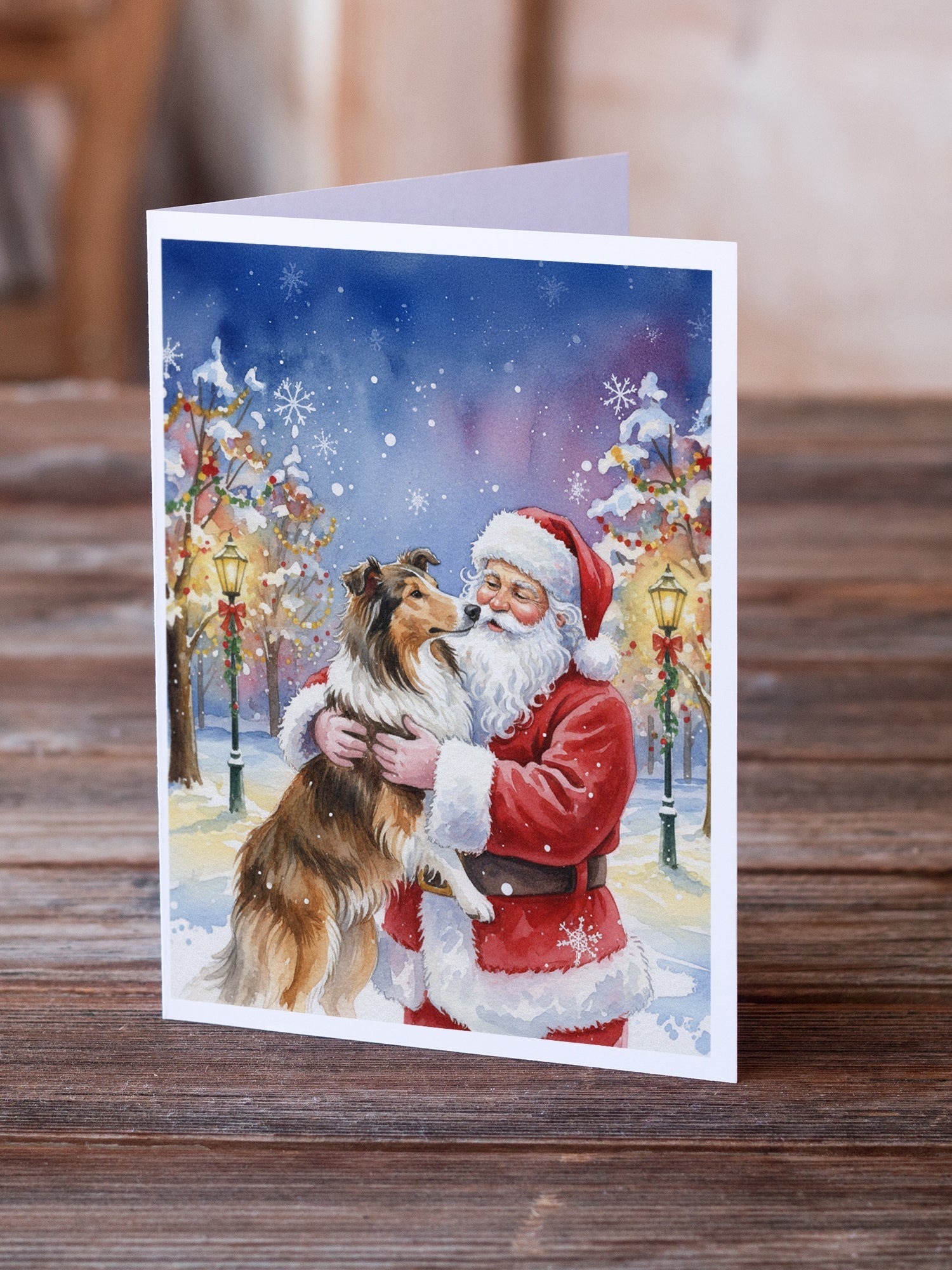 Collie with Santa Claus Greeting Cards Pack of 8 Blank Cards with Envelopes Whimsical A7 Size 5x7