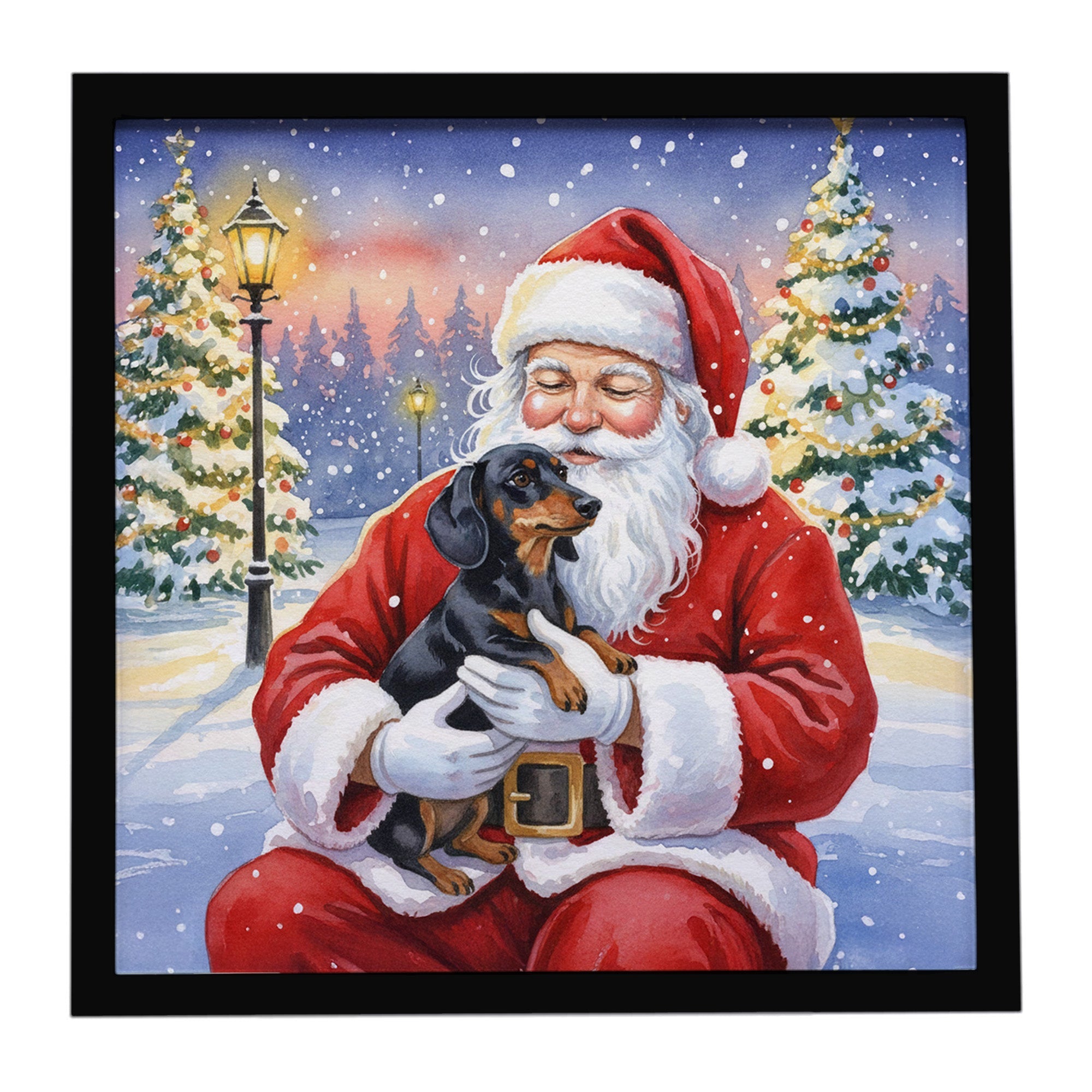 Black and Tan Dachshund with Santa Claus Framed Metal Print Bathroom, Kitchen, Office, Home Decor Wall Art Ready to Hang, Square, 8X8