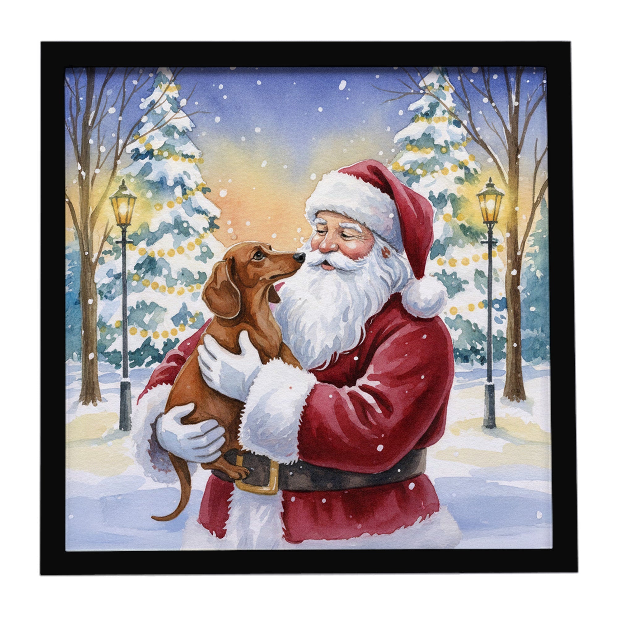 Dachshund with Santa Claus Framed Metal Print Bathroom, Kitchen, Office, Home Decor Wall Art Ready to Hang, Square, 8X8