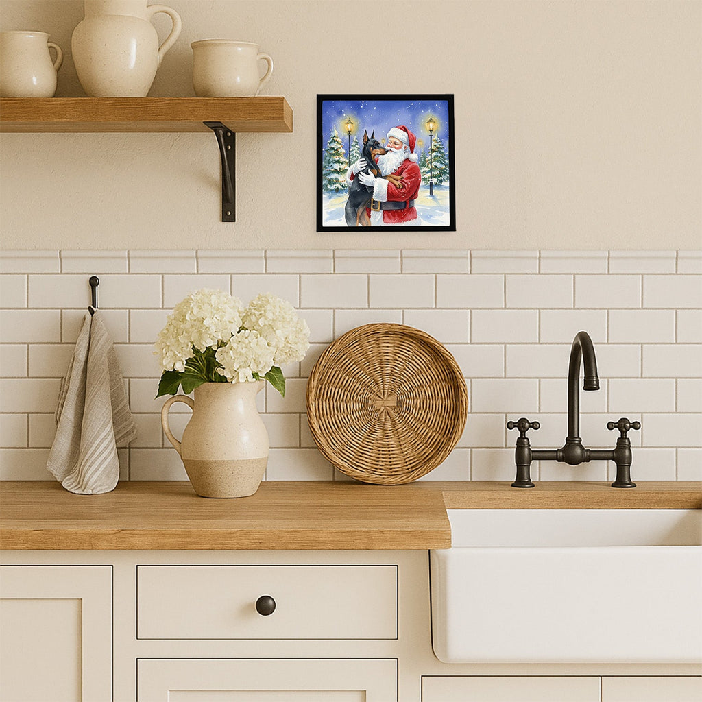 Doberman Pinscher with Santa Claus Framed Metal Print Bathroom, Kitchen, Office, Home Decor Wall Art Ready to Hang, Square, 8X8