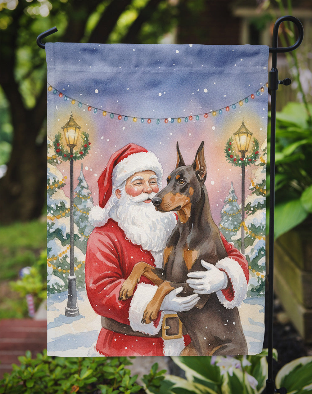 Fawn Doberman Pinscher with Santa Claus Garden Flag Mailbox Decorative Yard Banner Outside Patio Artwork for Flower Beds, Garden Size, Multicolor