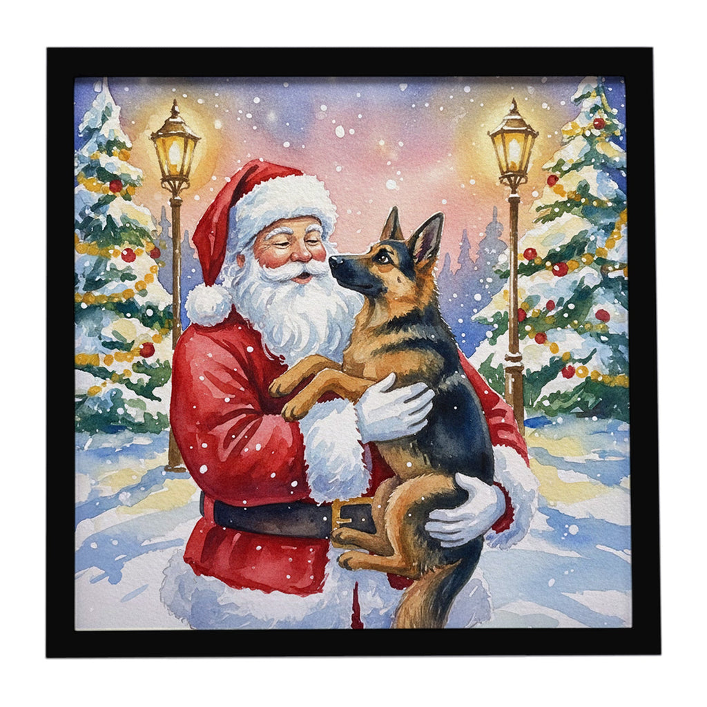 German Shepherd with Santa Claus Framed Metal Print Bathroom, Kitchen, Office, Home Decor Wall Art Ready to Hang, Square, 8X8