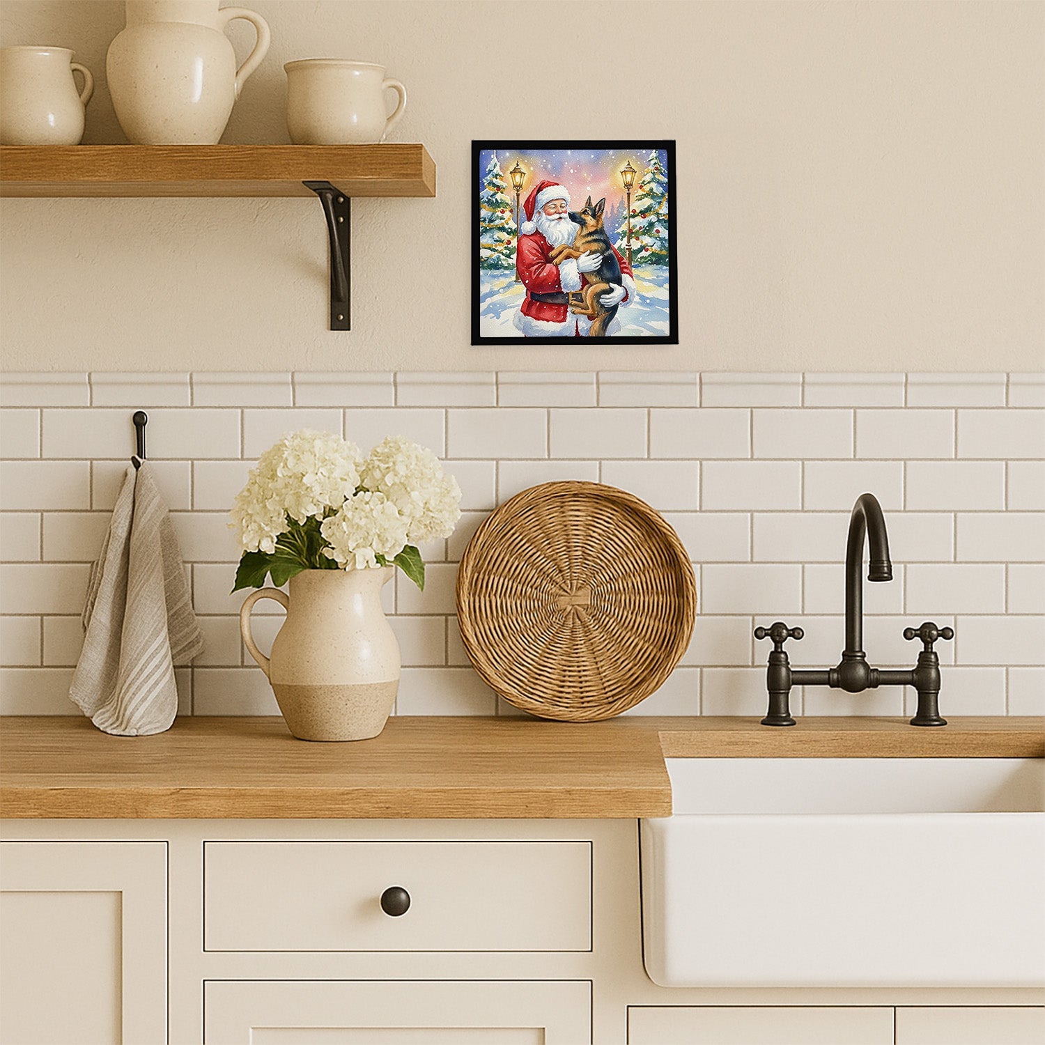 German Shepherd with Santa Claus Framed Metal Print Bathroom, Kitchen, Office, Home Decor Wall Art Ready to Hang, Square, 8X8