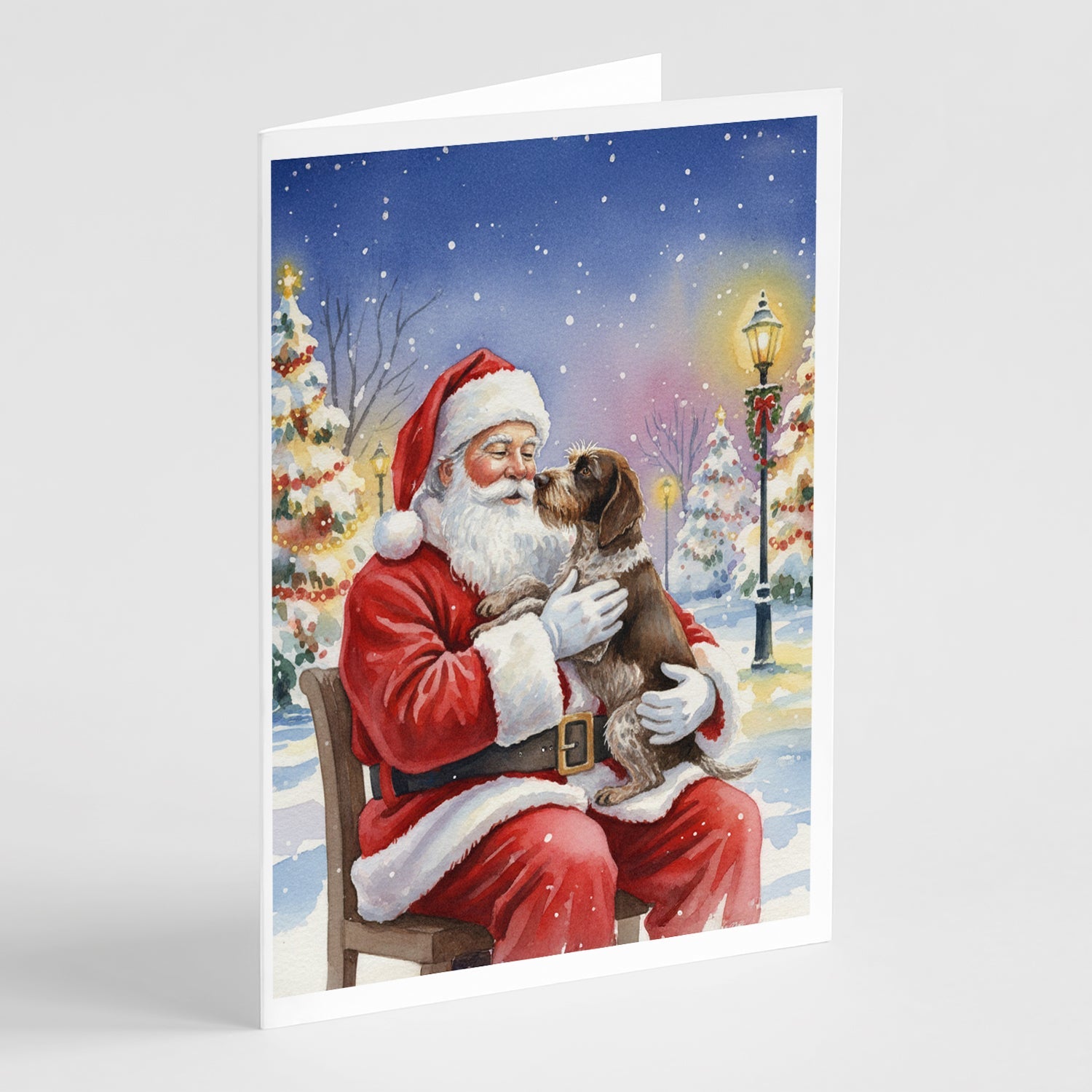 German Wirehaired Pointer with Santa Claus Greeting Cards Pack of 8 Blank Cards with Envelopes Whimsical A7 Size 5x7