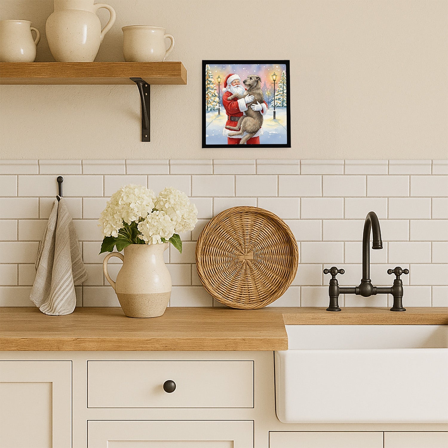 Irish Wolfhound with Santa Claus Framed Metal Print Bathroom, Kitchen, Office, Home Decor Wall Art Ready to Hang, Square, 8X8