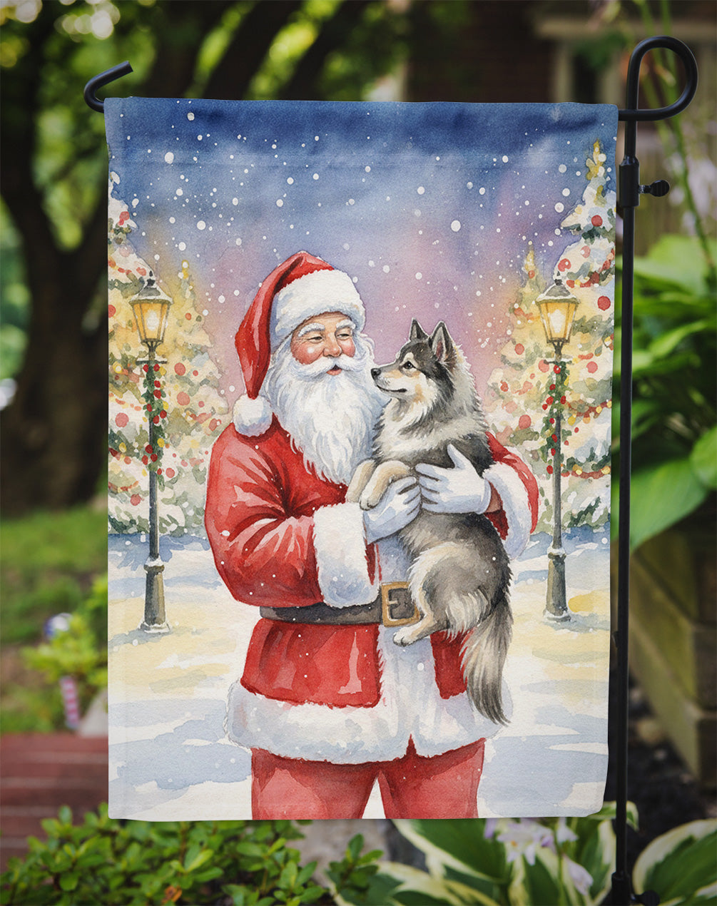 Keeshond with Santa Claus Garden Flag Mailbox Decorative Yard Banner Outside Patio Artwork for Flower Beds, Garden Size, Multicolor